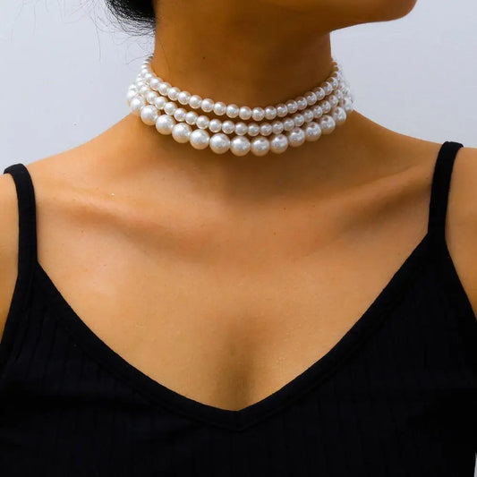 Multi-Layer White Imitation Pearl Necklace Bead  Choker