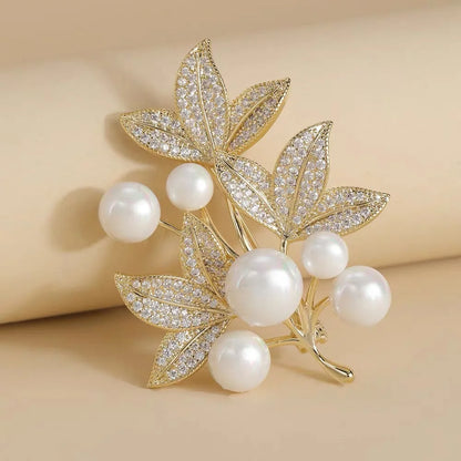 Pearl Maple Leaf Rhinestone Brooches