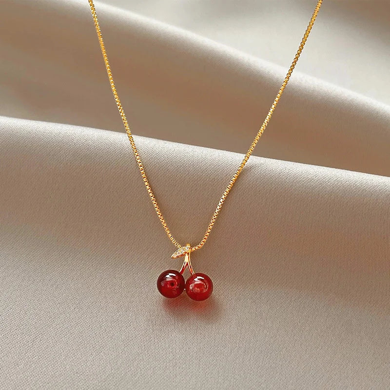 Red Cherry Gold Pendant Necklace Earrings set