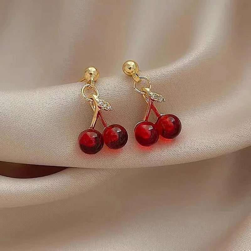 Red Cherry Gold Pendant Necklace Earrings set