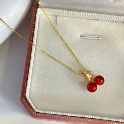 Red Cherry Gold Pendant Necklace Earrings set