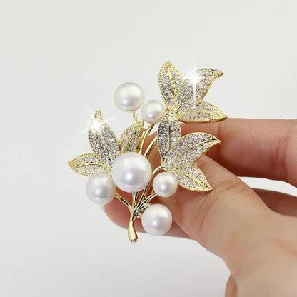 Pearl Maple Leaf Rhinestone Brooches