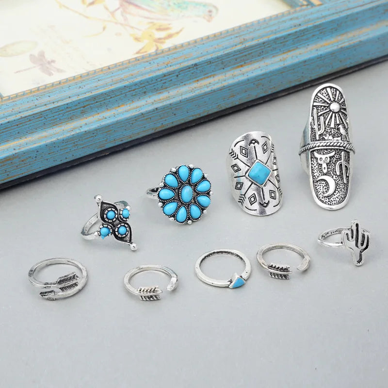 9 pcs/set Turquoise Open Rings