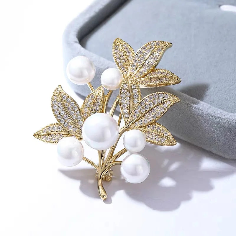 Pearl Maple Leaf Rhinestone Brooches