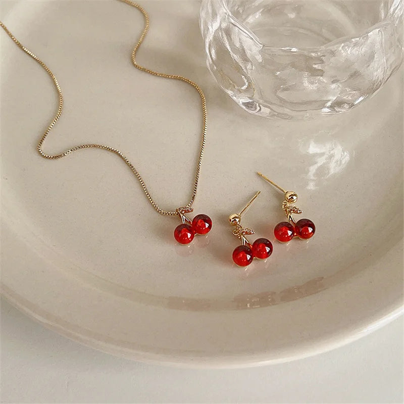 Red Cherry Gold Pendant Necklace Earrings set