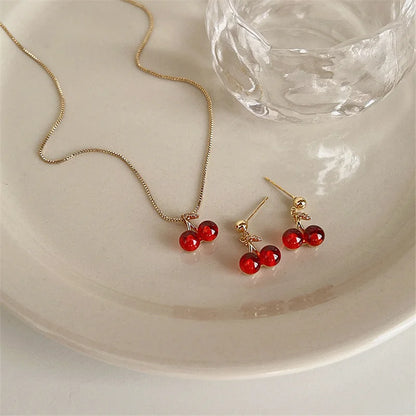 Red Cherry Gold Pendant Necklace Earrings set