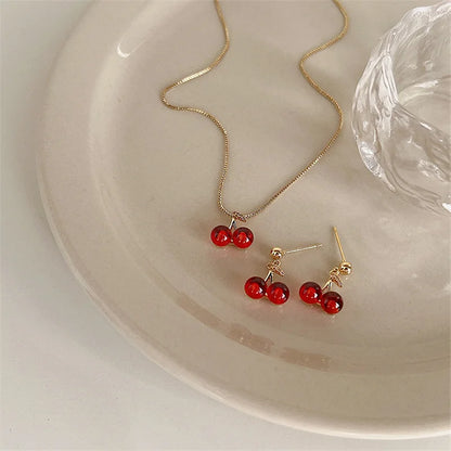 Red Cherry Gold Pendant Necklace Earrings set